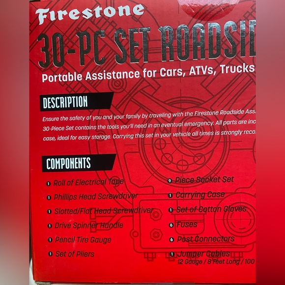 FIRESTONE Roadside Emergency 30-Pc Set JumperCables Fuses Tire Gauge Pliers NEW - Picture 5 of 5